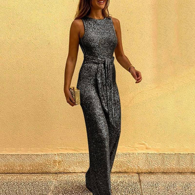 Glitter Round Neck Sleeveless Backless Sequins Jumpsuit - Cherrybetty