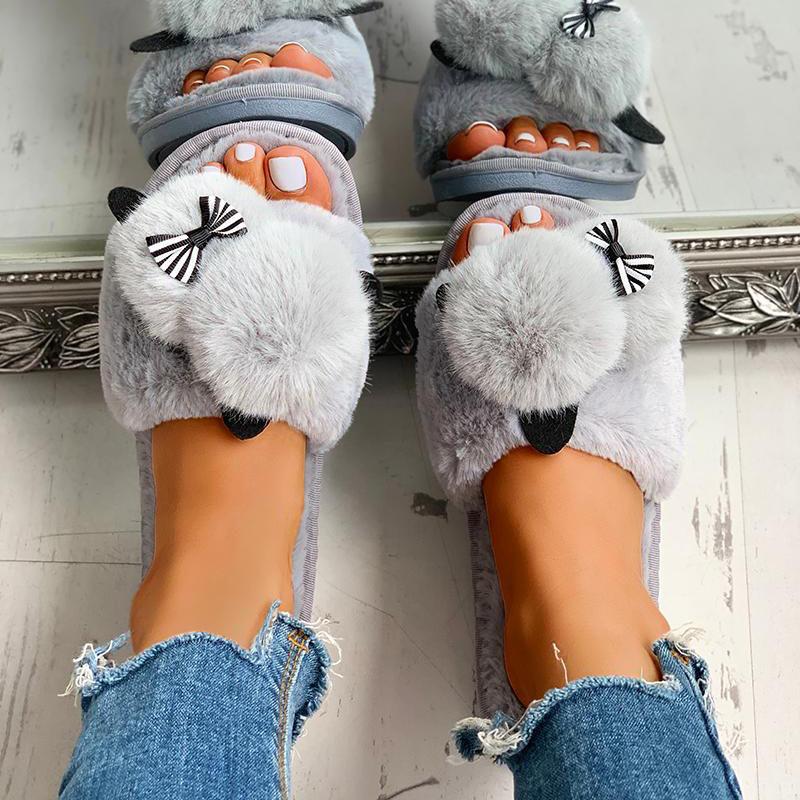 Fluffy Pom Pom Bowknot Embellished Open Toe Flat Slippers - Cherrybetty