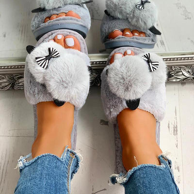 Fluffy Pom Pom Bowknot Embellished Open Toe Flat Slippers - Cherrybetty
