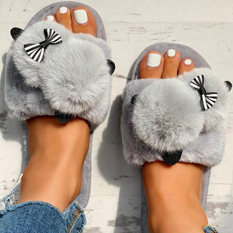 Fluffy Pom Pom Bowknot Embellished Open Toe Flat Slippers - Cherrybetty