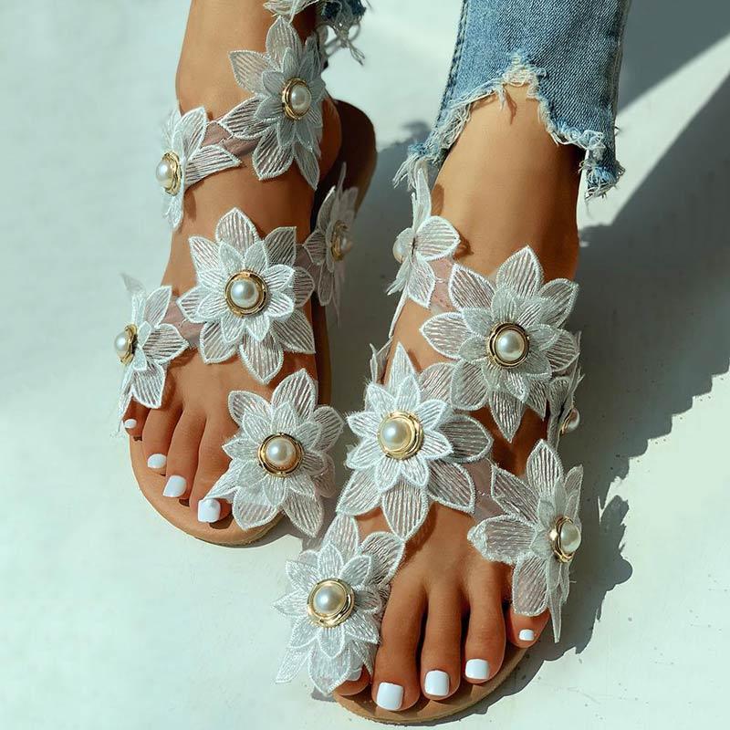 Toe Ring Flower Design Flat Sandals - Cherrybetty