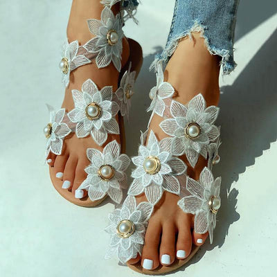 Toe Ring Flower Design Flat Sandals - Cherrybetty