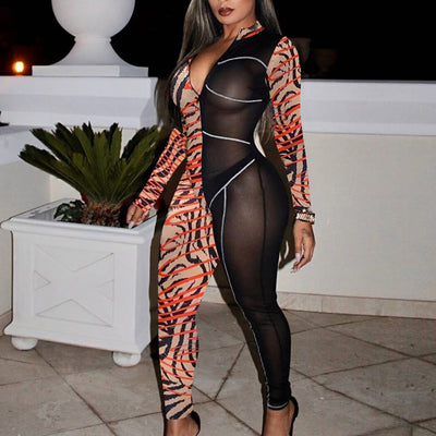 Tie Dye Print Sheer Mesh Patchwork Jumpsuit