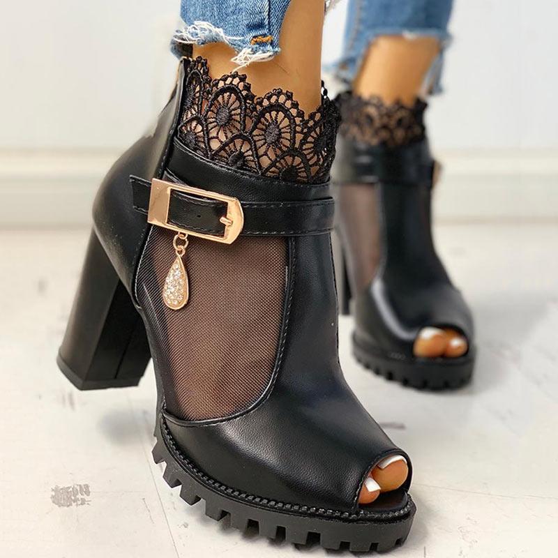 Peep Toe Lace Mesh Insert Chunky Heeled Boot - Cherrybetty