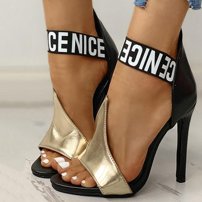 Letter Print Thin Heeled Sandals - Cherrybetty