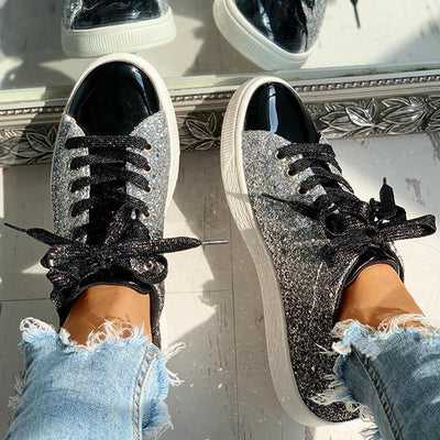 Glitter Sequins Eyelet Lace-up Sneakers - Cherrybetty
