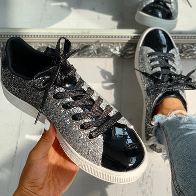 Glitter Sequins Eyelet Lace-up Sneakers - Cherrybetty