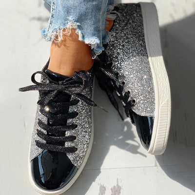 Glitter Sequins Eyelet Lace-up Sneakers - Cherrybetty