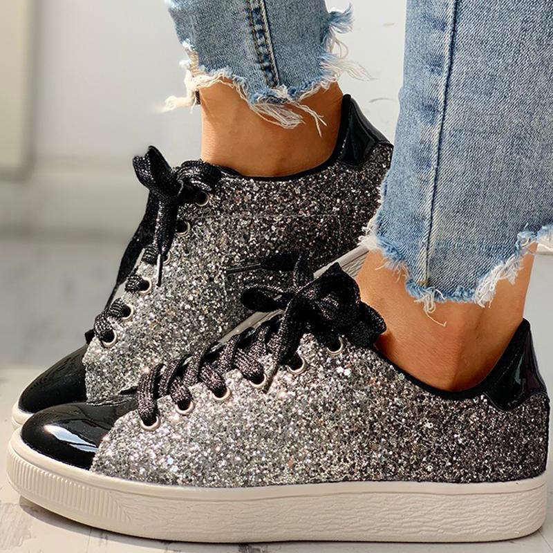 Glitter Sequins Eyelet Lace-up Sneakers - Cherrybetty