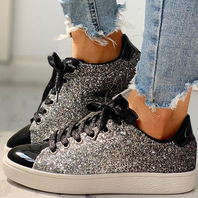 Glitter Sequins Eyelet Lace-up Sneakers - Cherrybetty