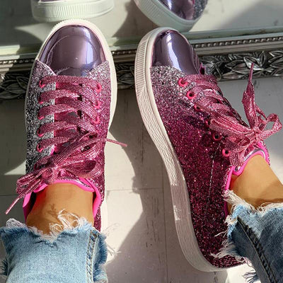 Glitter Sequins Eyelet Lace-up Sneakers - Cherrybetty