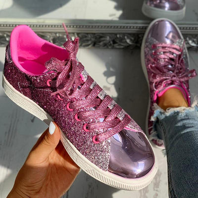 Glitter Sequins Eyelet Lace-up Sneakers - Cherrybetty