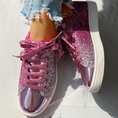 Glitter Sequins Eyelet Lace-up Sneakers - Cherrybetty